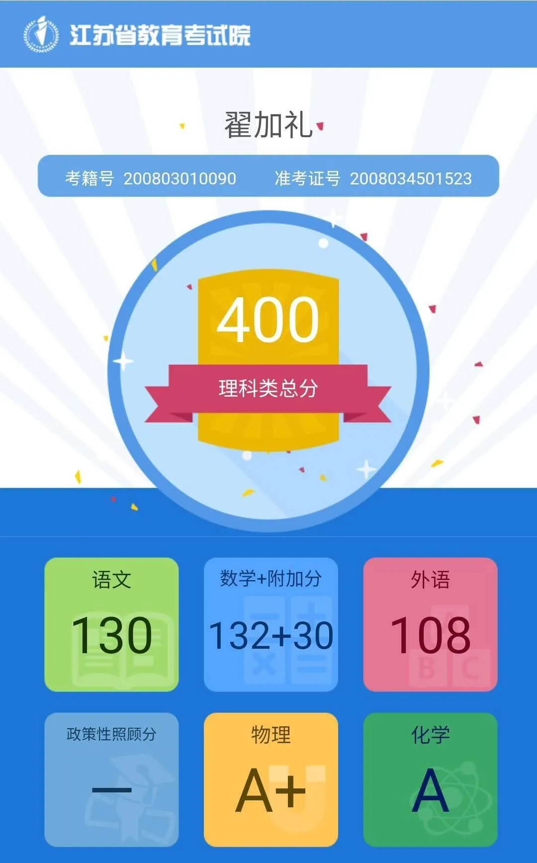 淮安中学翟加礼：北海虽赊 扶摇可接！高考400分（选测物化A+ A）