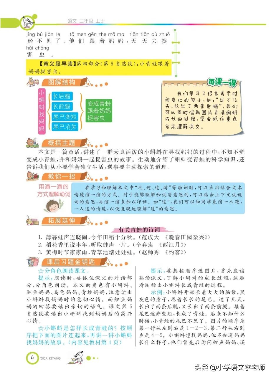 二年级语文上册《小蝌蚪找妈妈》课文解读，附课堂笔记及习题