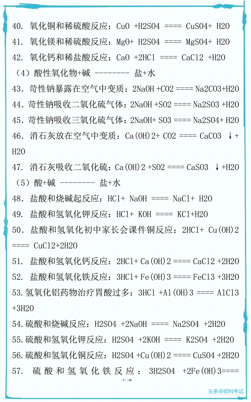 初中化学所有常见化学式及化学方程式汇总，很全面 收藏好