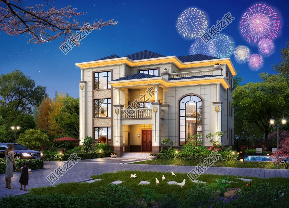 农村三层欧式别墅，白色墙体与蓝灰色坡屋顶搭配和谐，增添浪漫感