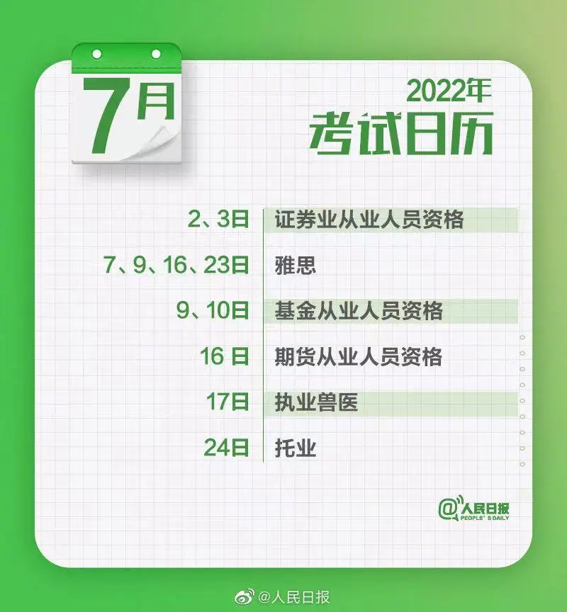 2022重要考試時間表來了