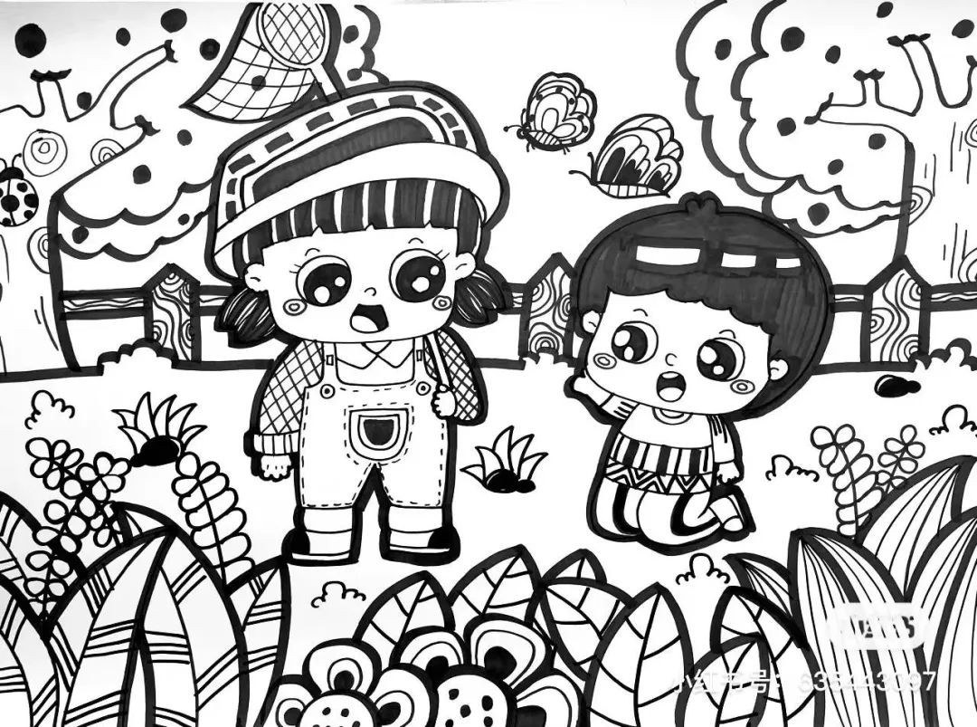 《秋天》《丰收》《一起来劳动》主题儿童画秋天儿童主题线描装饰画