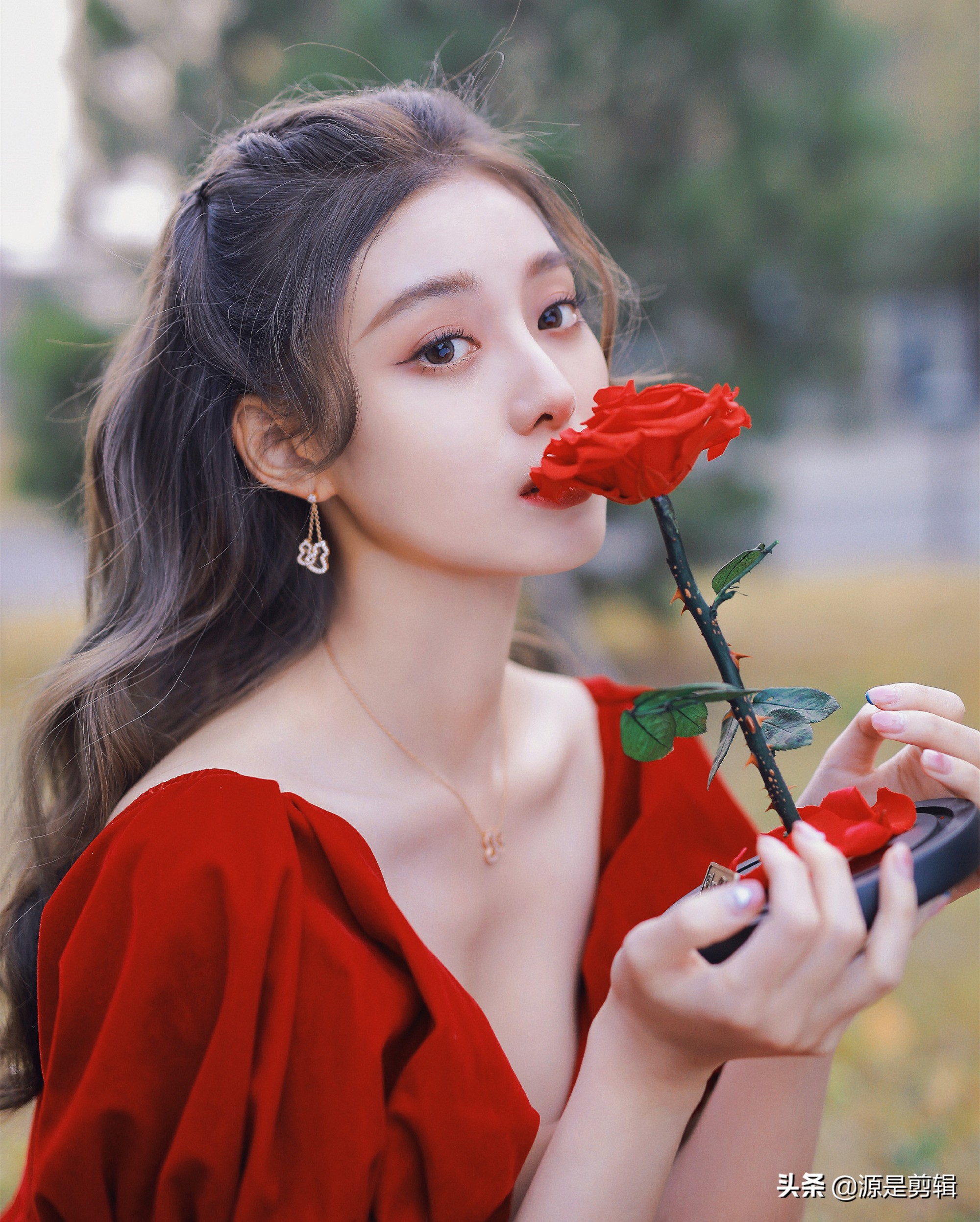 徐艺洋 ​​​身穿红色连衣裙手拿玫瑰花美丽艳丽