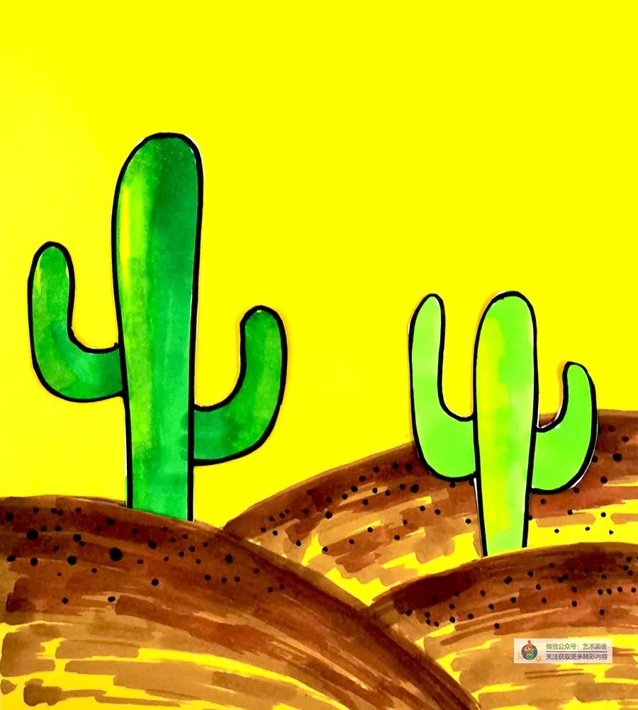 儿童画教程 - 综合创意画-沙漠中的仙人掌-亲亲宝贝网