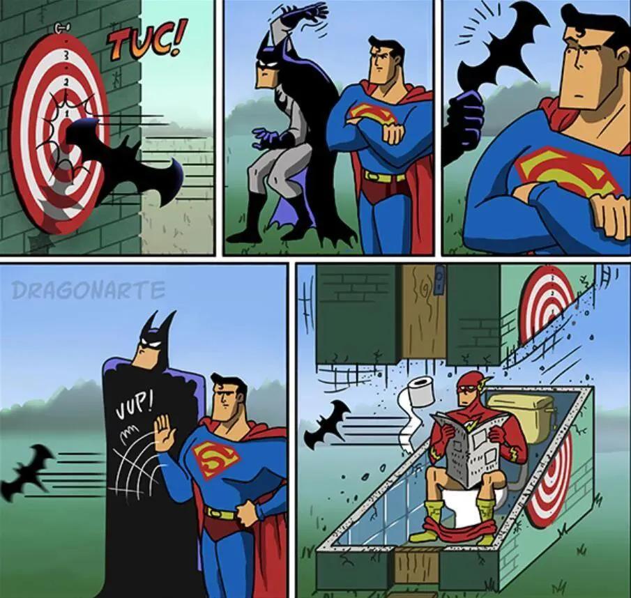 漫威DC搞笑漫画，蝙蝠侠和超人比赛射飞镖，闪电侠：你们礼貌吗？
