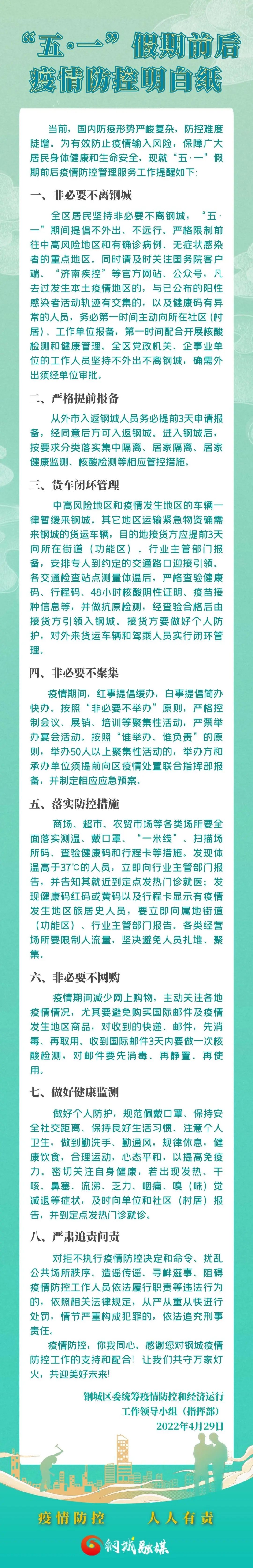 @钢城人 “五一”假期疫情防控明白纸来了，请查收