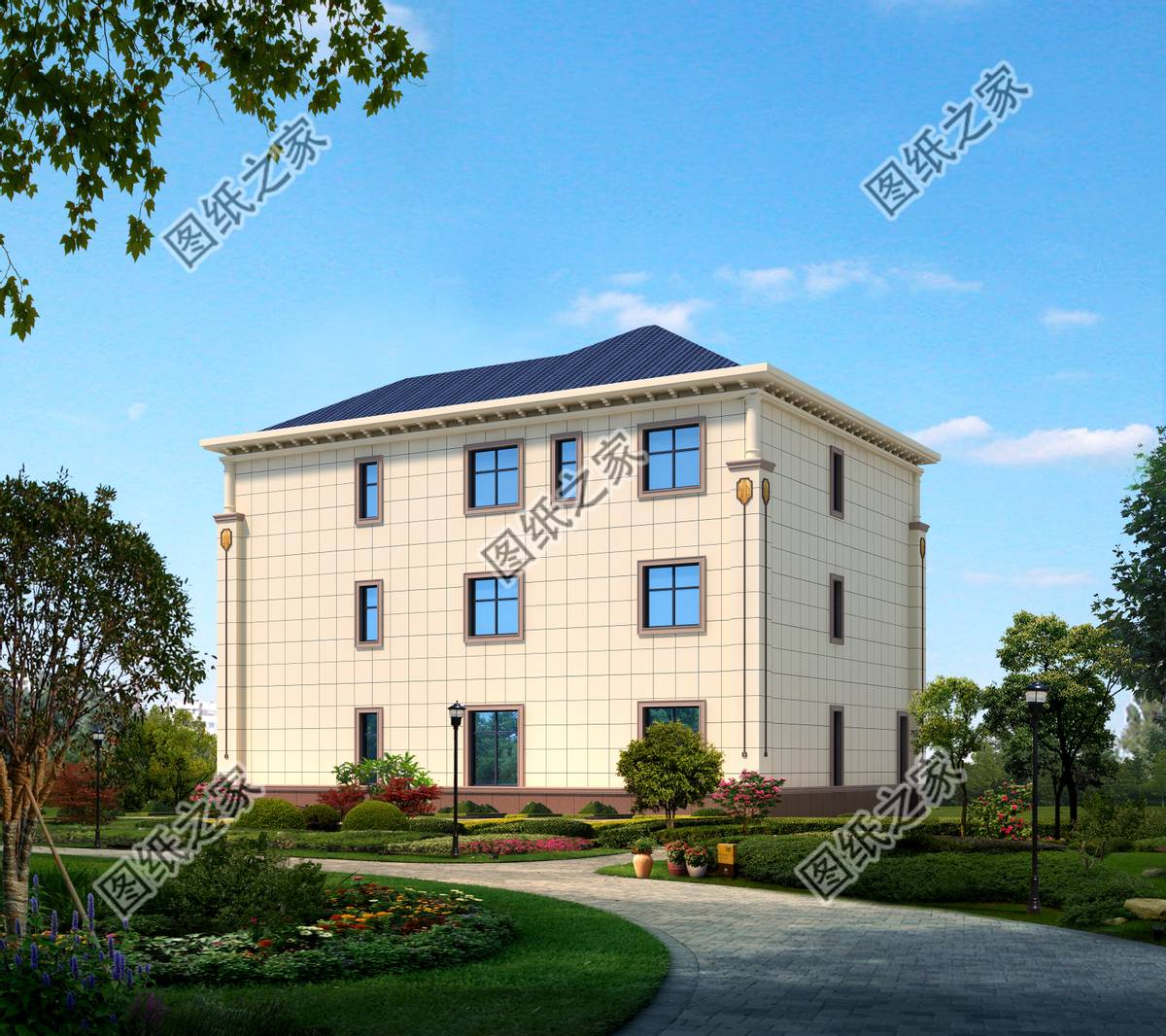 农村三层欧式别墅，白色墙体与蓝灰色坡屋顶搭配和谐，增添浪漫感