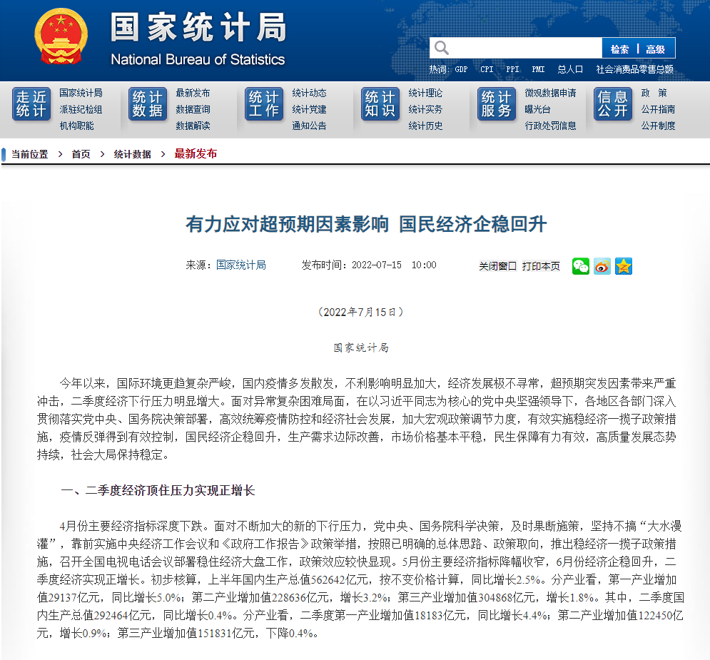 中國二季度GDP同比增長0.4%