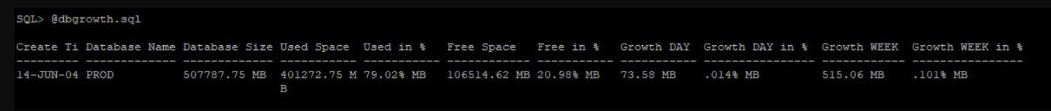 Oracle script to check the database growth