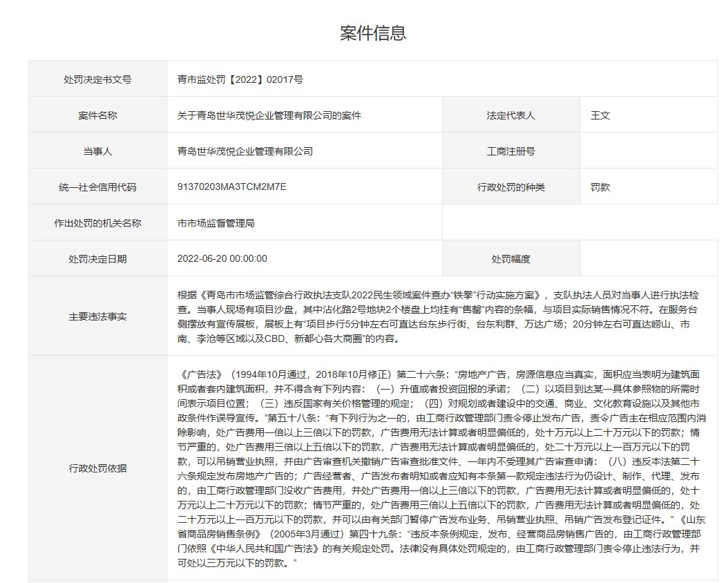 楼盘挂着“售罄”条幅与实际销售情况不符，青岛中梁拾光映象开发商被处罚