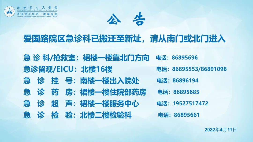 请知悉！江西省人民医院爱国路院区急诊科搬新址啦