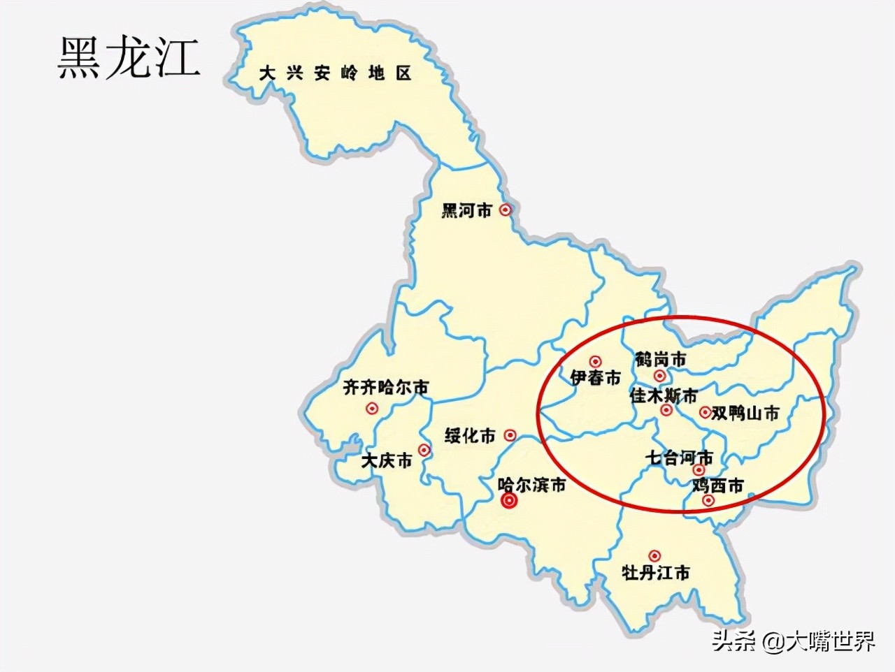 黑龙江地图像天鹅，省会面积全国第一，最低温度不在漠河