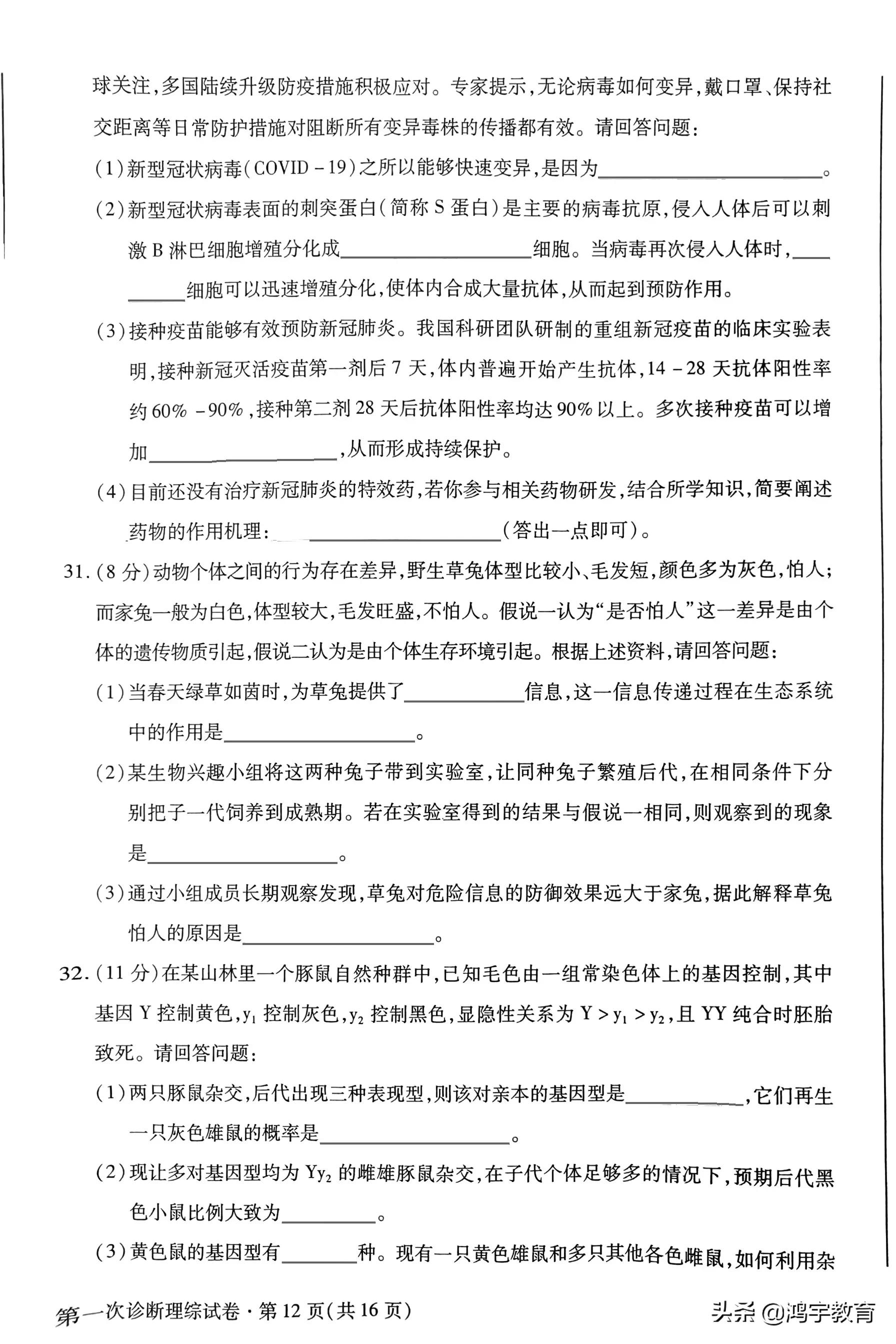 2022年甘肃省一诊考试理科综合试题及参考答案汇编