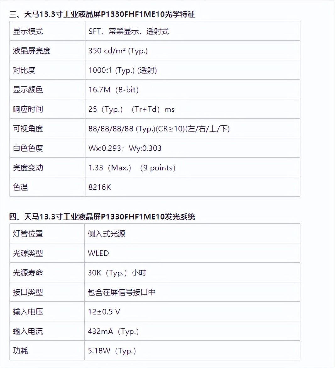 天馬13.3寸液晶屏P1330FHF1ME10-13.3寸工業(yè)屏幕