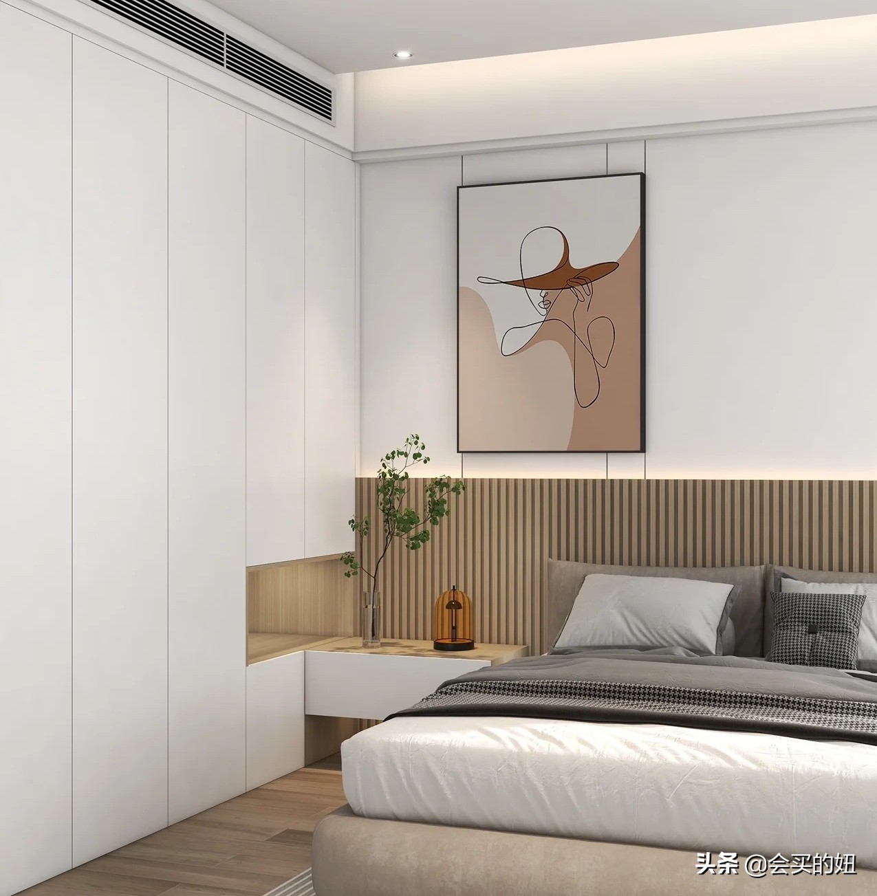 在实际设计中,小户型的卧室经常会遇到平开衣柜门与床头柜抢占空间的