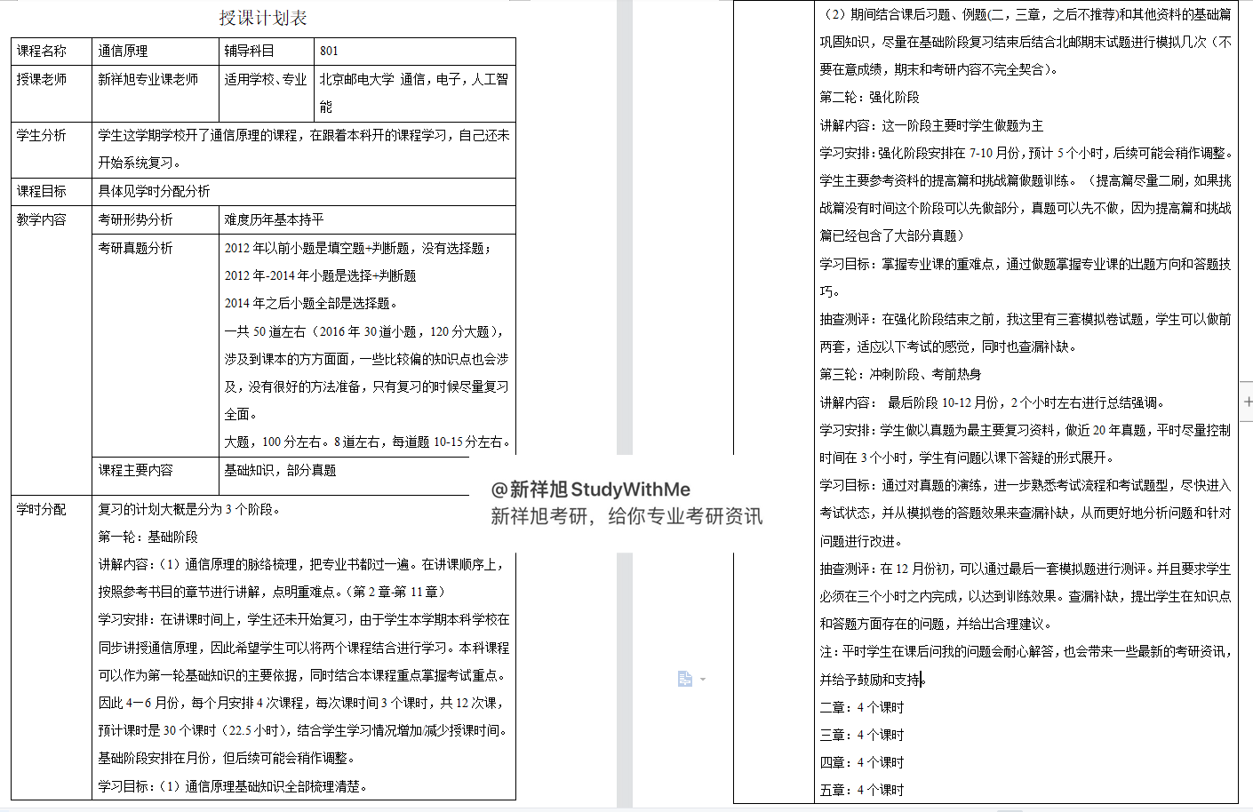 北京邮电大学通信工程801通信原理考研授课计划表、题型、参考书