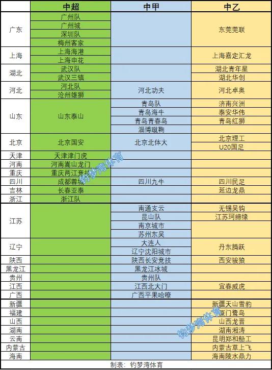 意甲德甲中超是什么(下赛季各省市拥有的中超中甲及中乙球队，只有5个省市无职业队)