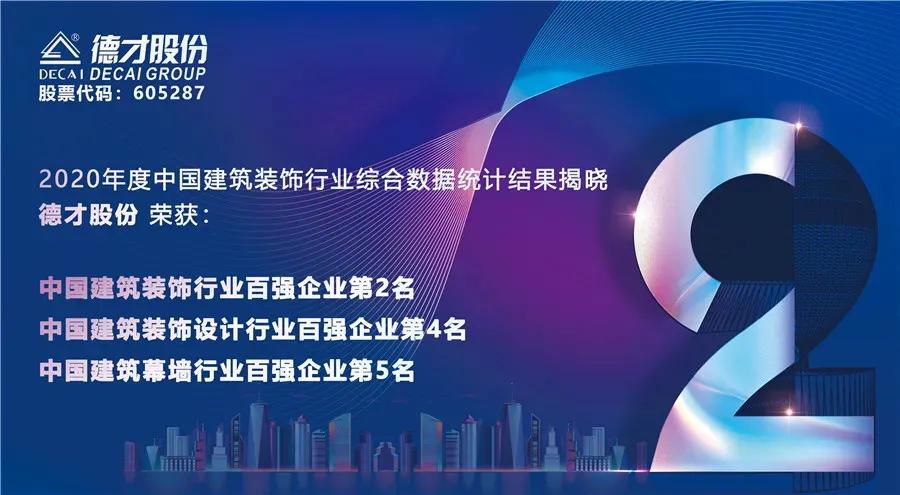 捷报 德才股份：跃居2020年度中国建筑装饰行业百强企业第二
