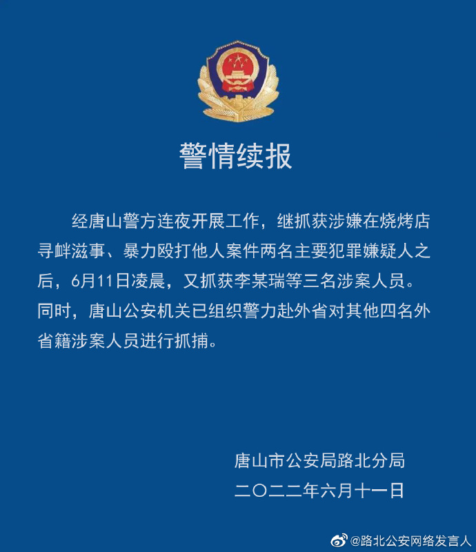 唐山烧烤店打人案已抓获8名嫌疑人：3名外省籍涉案人员已落网