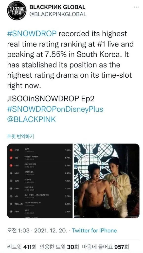 BLACKPINK智秀个人活动出师不利?《雪滴花》收视率如何?