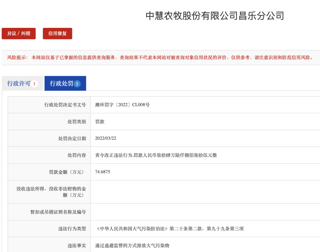 75萬(wàn)罰款大單！中慧農(nóng)牧昌樂(lè)分公司逃避監(jiān)管排放污染物被罰
