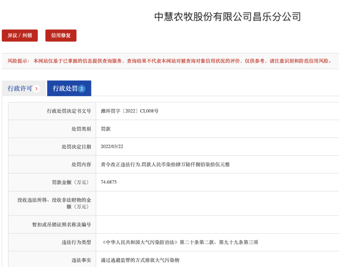75万罚款大单！中慧农牧昌乐分公司逃避监管排放污染物被罚
