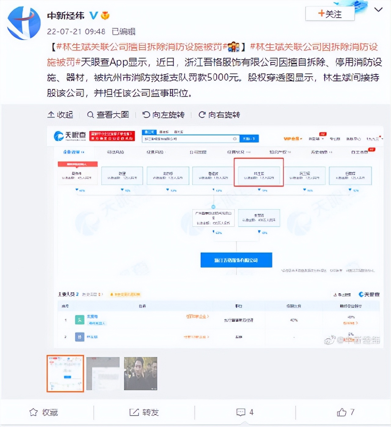 林生斌关联公司被罚，因擅自拆除消防设施