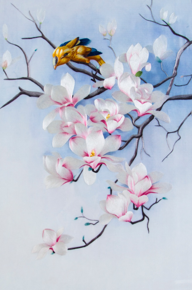 手工刺绣玄关花鸟画:玉兰