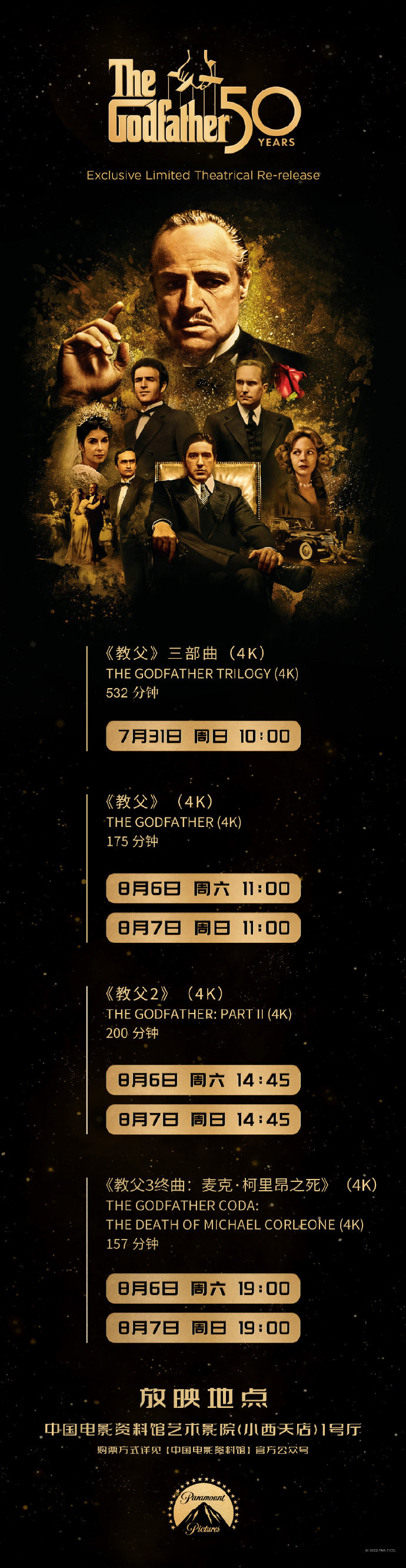 派拉蒙将在北京重映 4K 修复版《教父》三部曲，全长 532 分钟