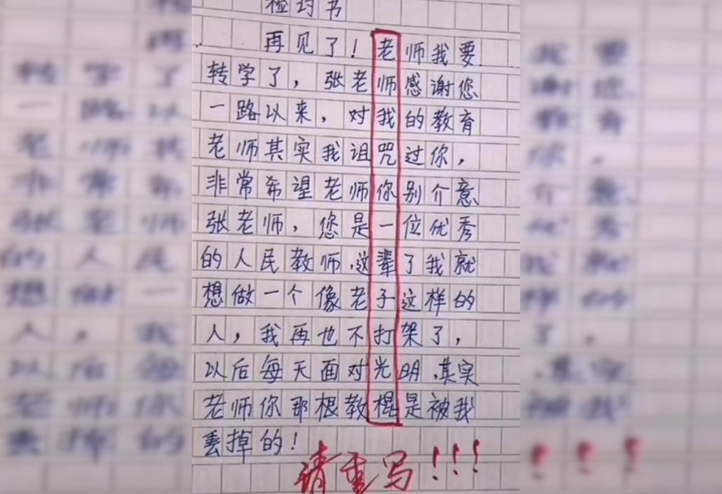 小学生检讨书出现“藏头诗”，老师看后很生气，第二天叫来家长