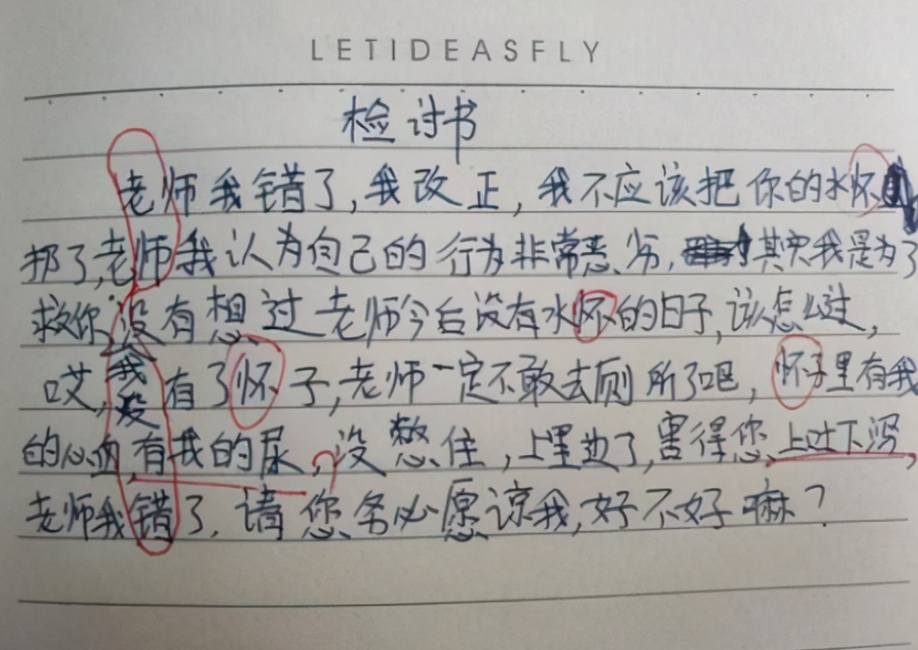 小学生检讨书出现“藏头诗”，老师看后很生气，第二天叫来家长