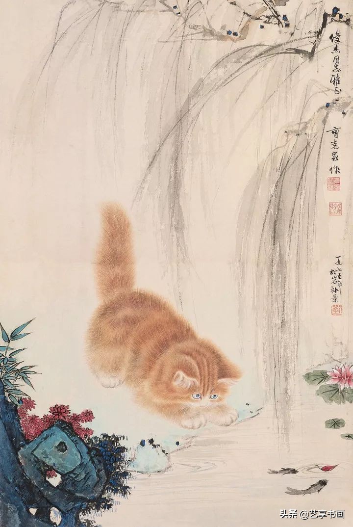 猫戏花中，与蝶共舞，吉祥如意的美好寓意，中国画中的吉祥物