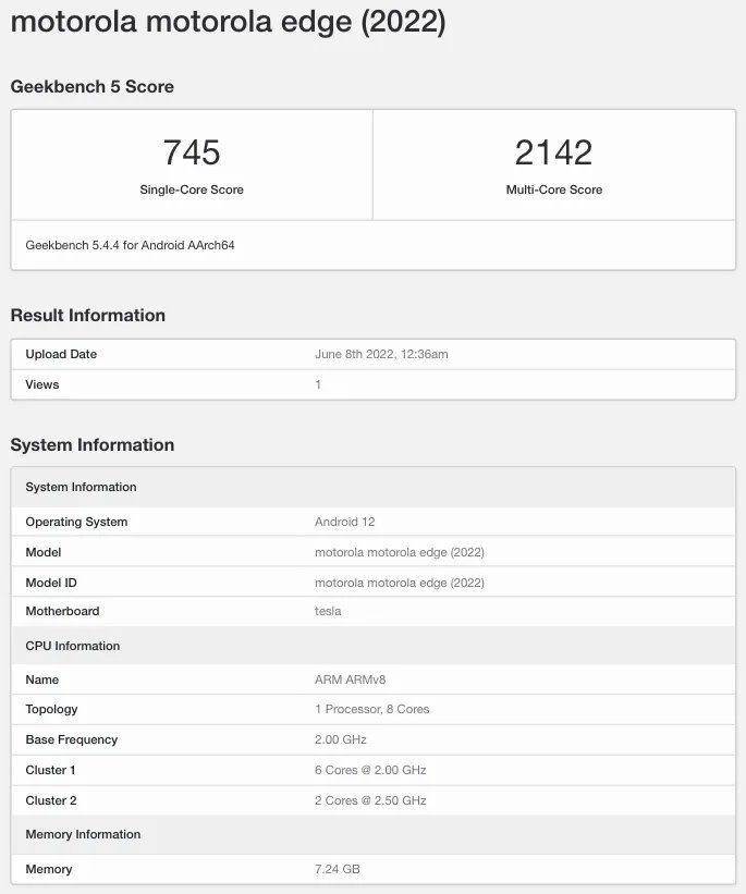 摩托罗拉Edge2022跑分曝光，搭载联发科天玑1050芯片