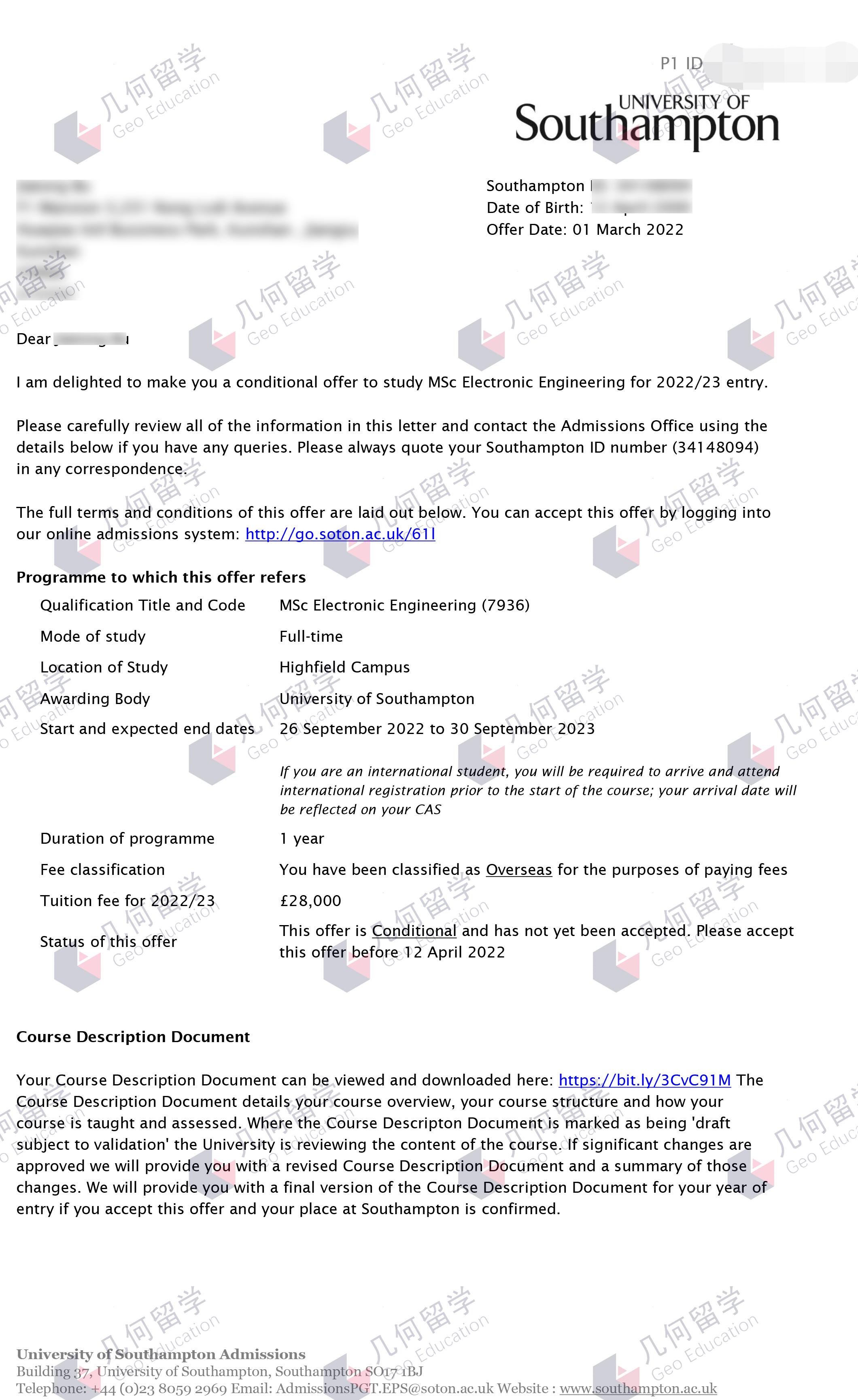 几何留学：南安普顿大学电子工程硕士研究生offer一枚