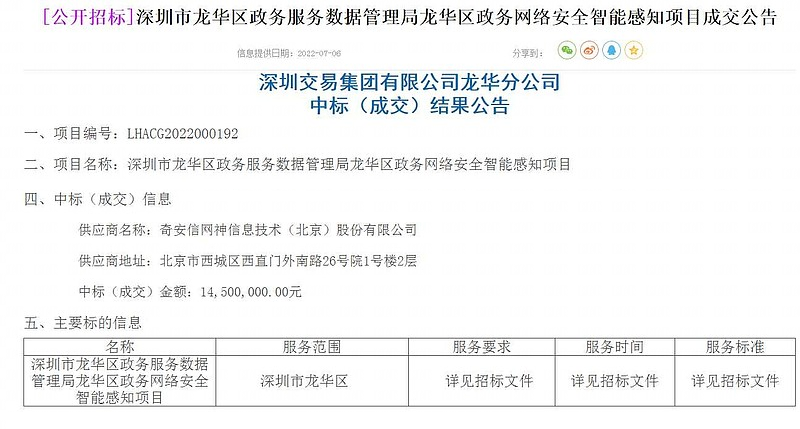 1450万！奇安信中标龙华区政务网络安全智能感知项目