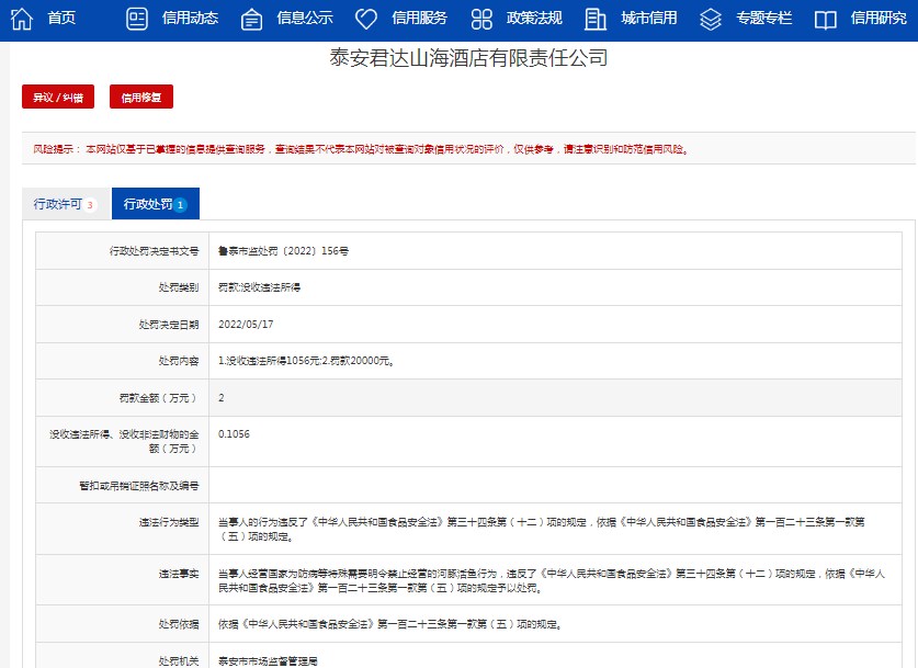 涉嫌经营明令禁止的河豚活鱼，泰安君达山海酒店被罚 2 万元