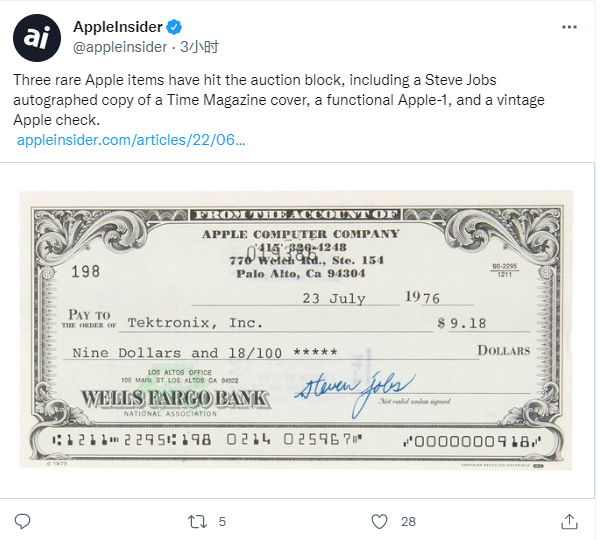 复古苹果支票预计售价已超25000美元