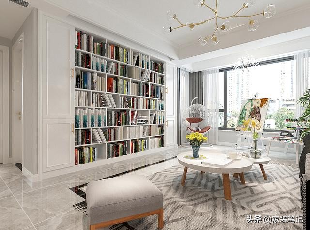 温州夫妻客厅书橱装修效果图：无电视设计，温馨书香空间