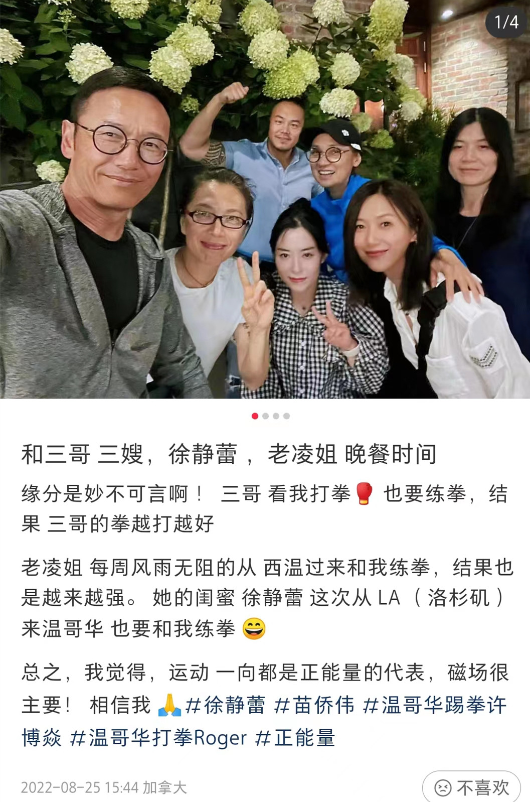 徐静蕾加拿大与苗侨伟夫妇聚会！64岁“杨康”戴耳钉显年轻