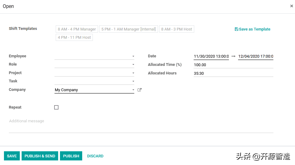 欧洲中小企业市场占有率最高的无限制始终免费ERP Odoo：排班计划