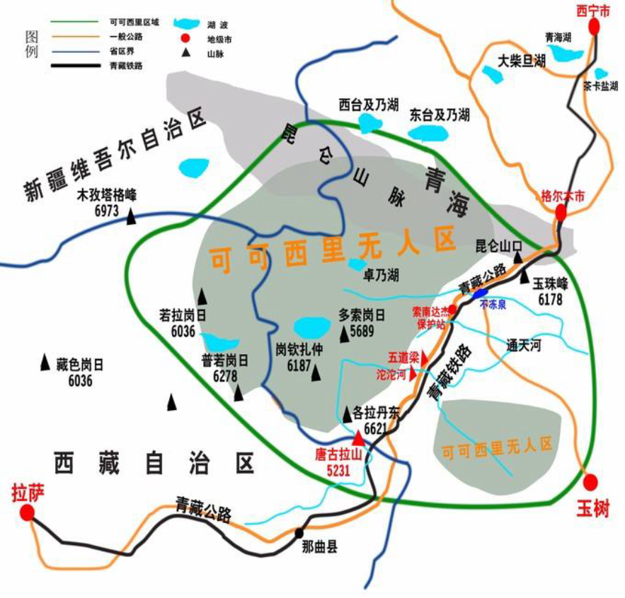 可可西里无人区地图我们往往被它那一望无际的宝蓝色的澄澈天空,洁白