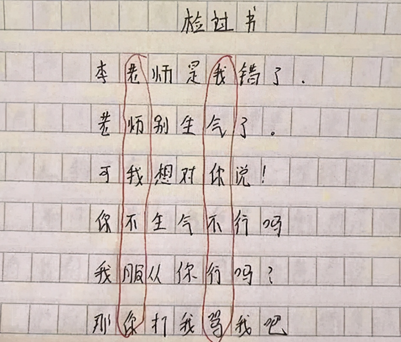 小学生检讨书出现“藏头诗”，老师看后很生气，第二天叫来家长