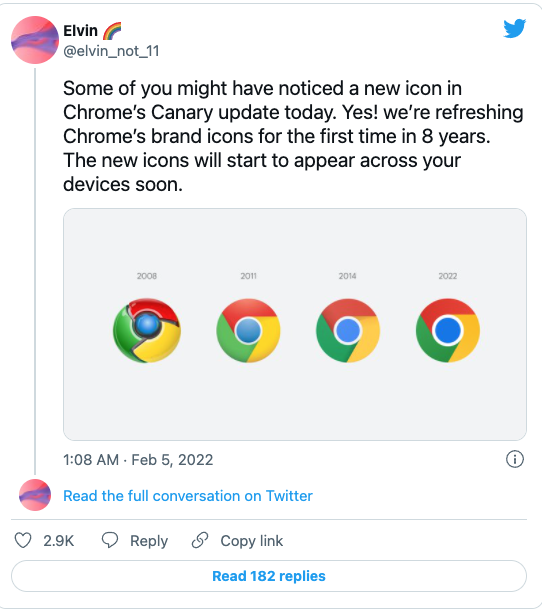 Chrome浏览器八年来首次改变其logo