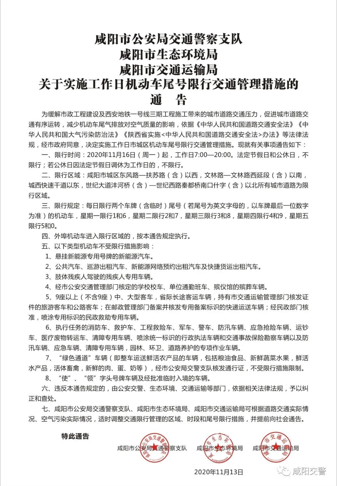温馨提示！2月16日起，咸阳市恢复机动车尾号限行措施