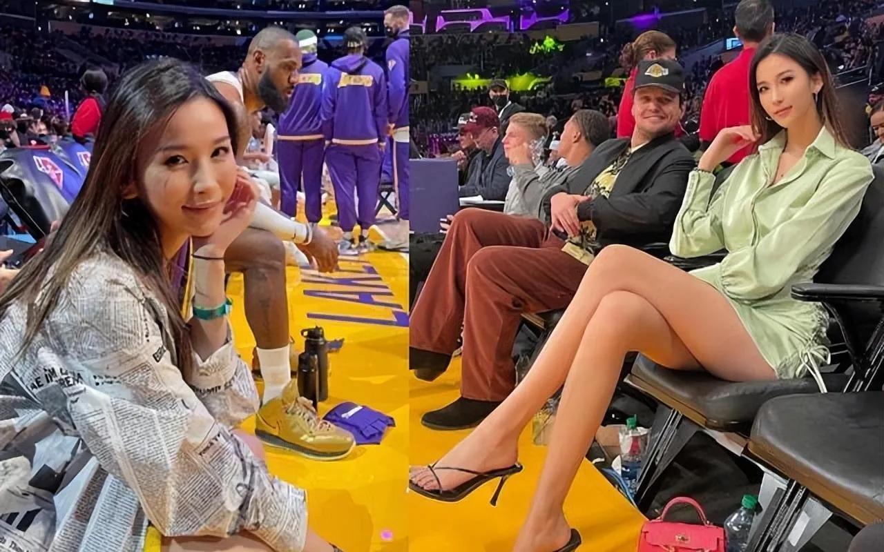 詹娜带小妹观战NBA(詹娜带小妹观战NBA，与华裔名媛合影互动，两大壮硕保镖前后护航)