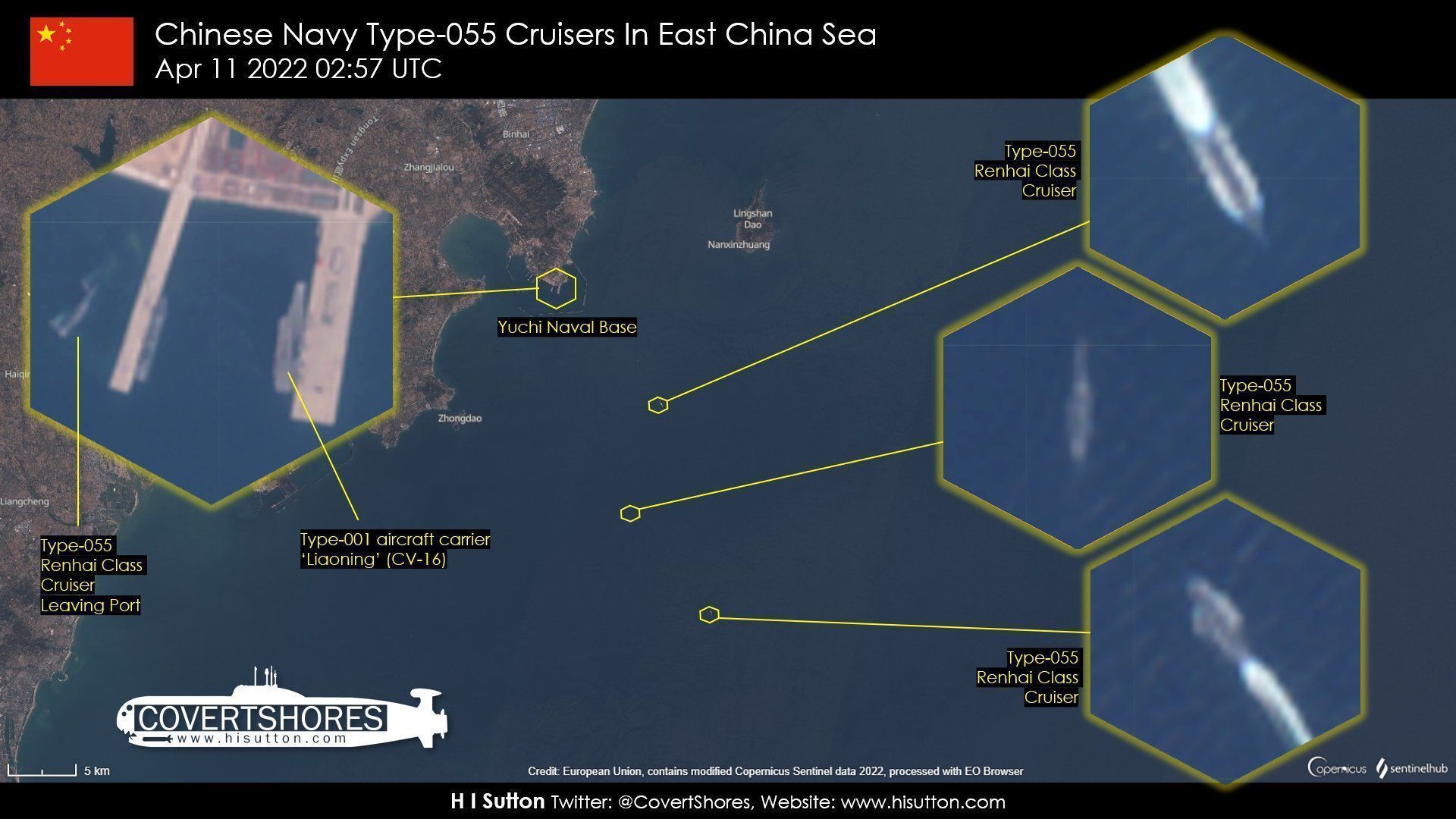 美国航空母舰与东海相邻北上，055大驱4艘同时出海。辽宁号在同一框框里照在镜子里。