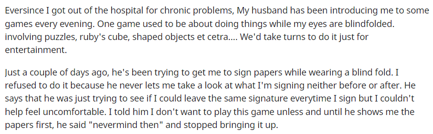 “丈夫和我玩蒙眼在纸上签名的游戏”这个女人的经历细思恐极