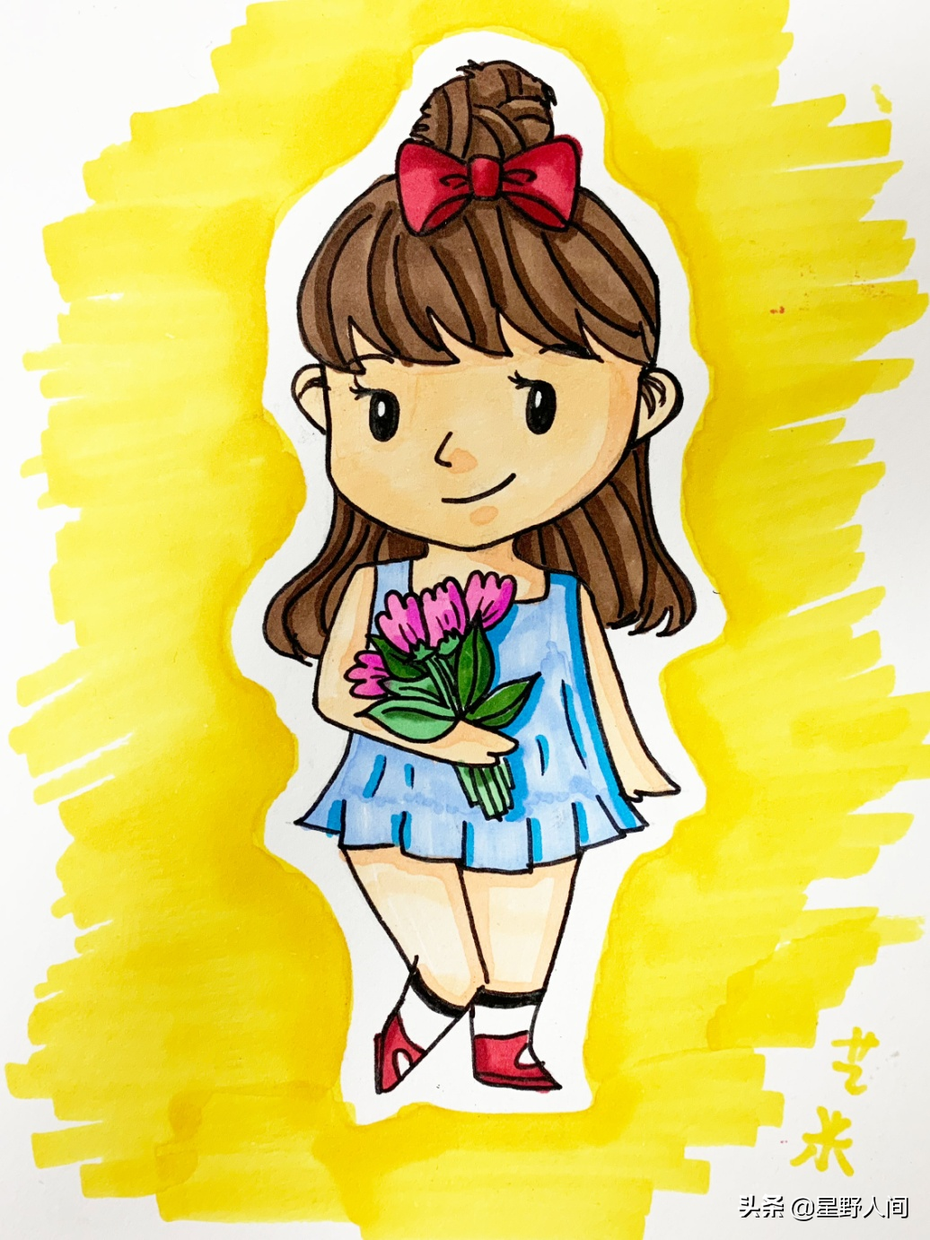 儿童画|综合创意美术课程|7-9岁|q版人物创作捧花小女孩