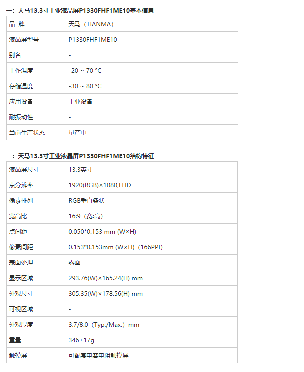 天馬13.3寸液晶屏P1330FHF1ME10-13.3寸工業(yè)屏幕