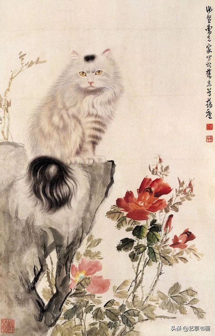 猫戏花中，与蝶共舞，吉祥如意的美好寓意，中国画中的吉祥物